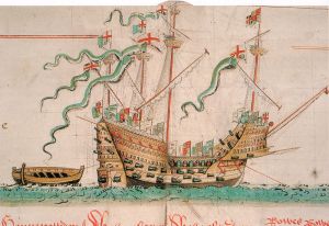 The Mary Rose as depicted in the Anthony Roll, c. 1545.